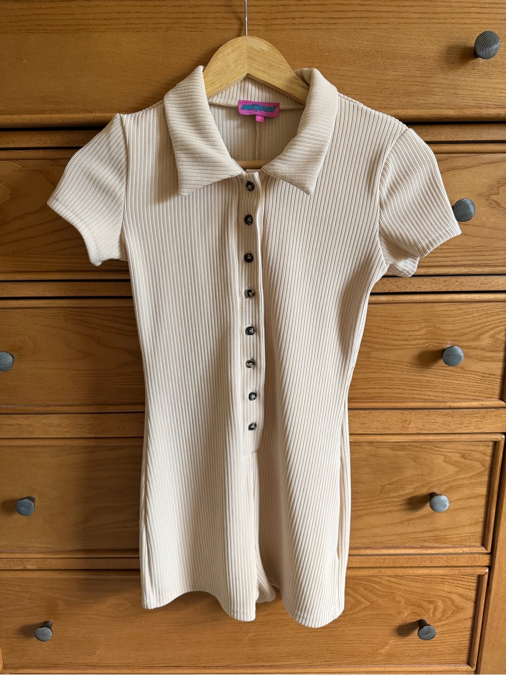 Edikted Lucia Ribbed Romper Short Sleeve Button Front Beige Womens Size Small